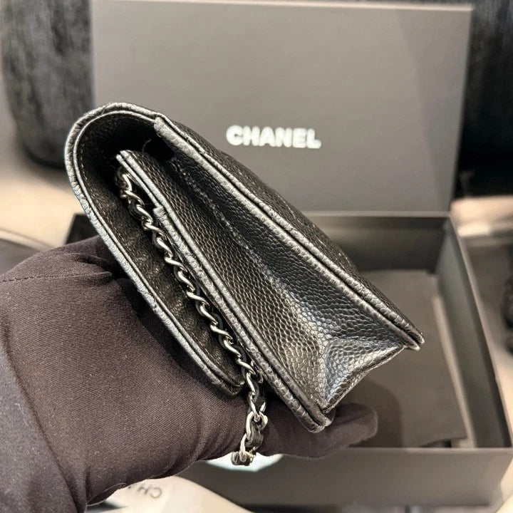 Chanel Woc Chain Calfskin Shoulder Crossbody Bag Black Silver Women D