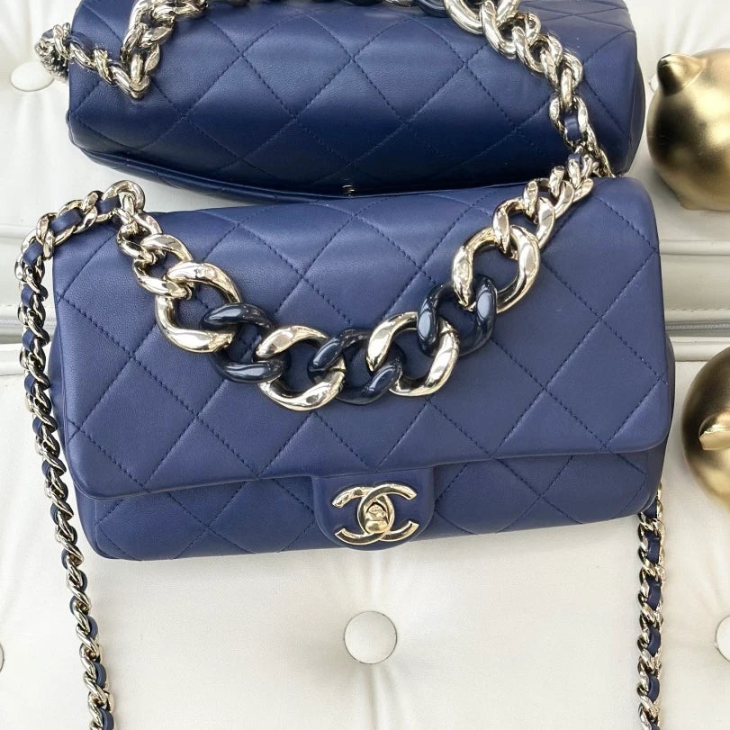 Chanel Calfskin Chain 2Ways Top Handle Bag Crossbody Navy Gold Women Classic S