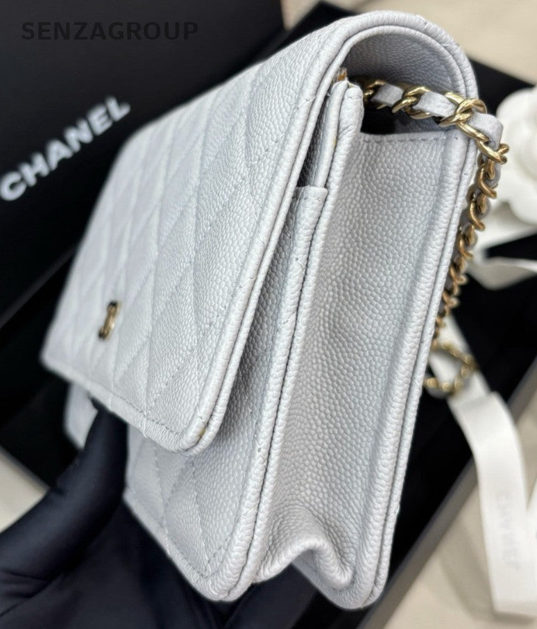Chanel WOC Chain Shoulder Bag Gray Gold Women Classic Diamond Fashion