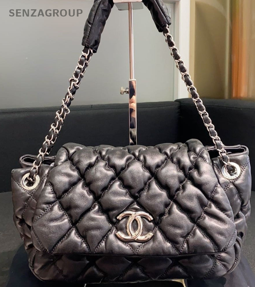 Chanel Lambskin Leather Vintage Chain Shoulder Bag Black Silver Women Classic