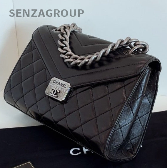 Chanel Calfskin Chain Top Handle Shoulder Bag Crossbody Black Silver Used Women