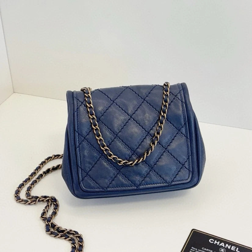 Chanel Classic Flap Chain Shoulder Bag Crossbody Blue Gold Women Diamond