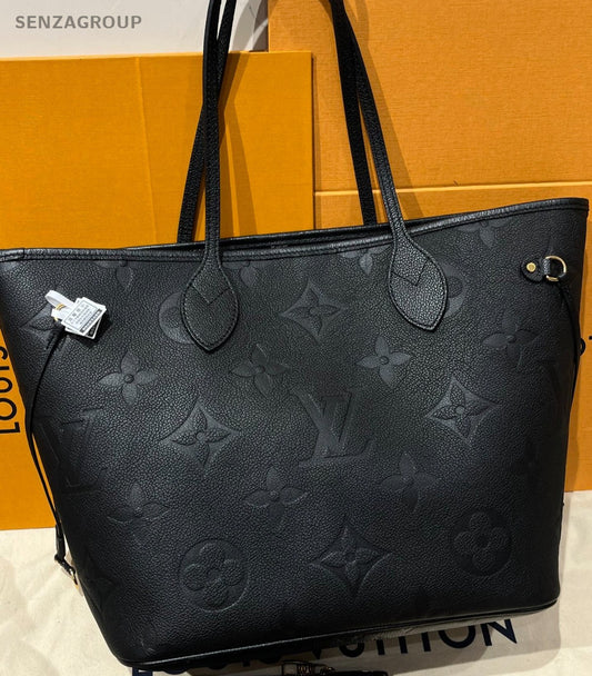 Louis Vuitton Neverfull MM Monogram Tote Bag Black Gold Women Classic