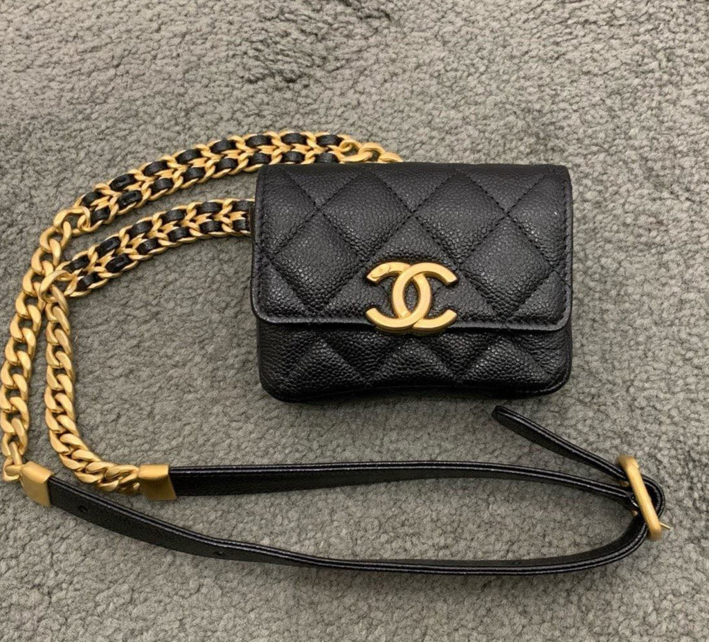 Chanel Calfskin Mini Chain Shoulder Bag Crossbody Black Gold Women Classic