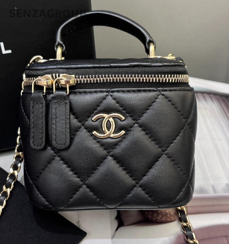CHANEL Vanity mini Lambskin Top Handle Chain Shoulder Handbag Black Gold Women