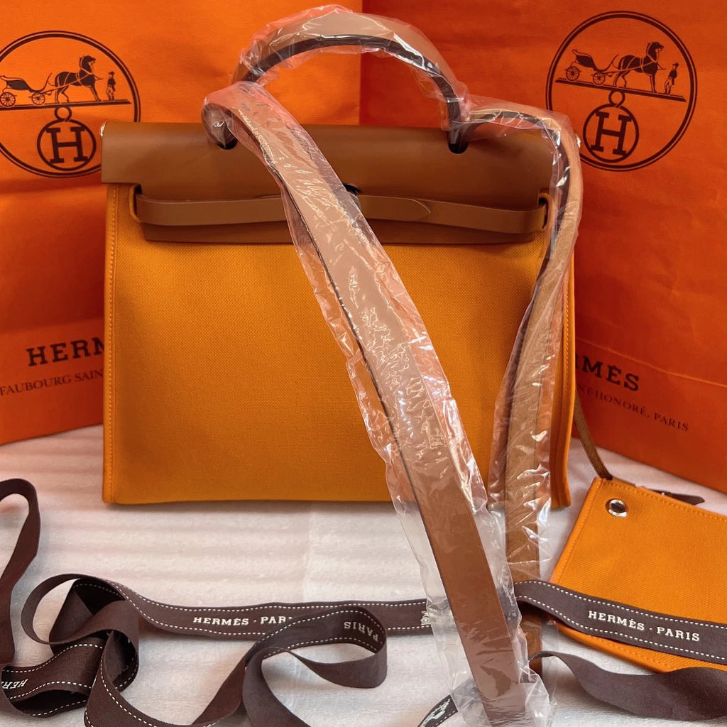 Hermes Herbag 31 Canvas Top Handle Crossbody Bag Orange Silver Women