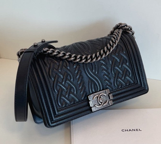 Chanel Leboy MM Chain Shoulder Bag Crossbody Black Silver Women Classic
