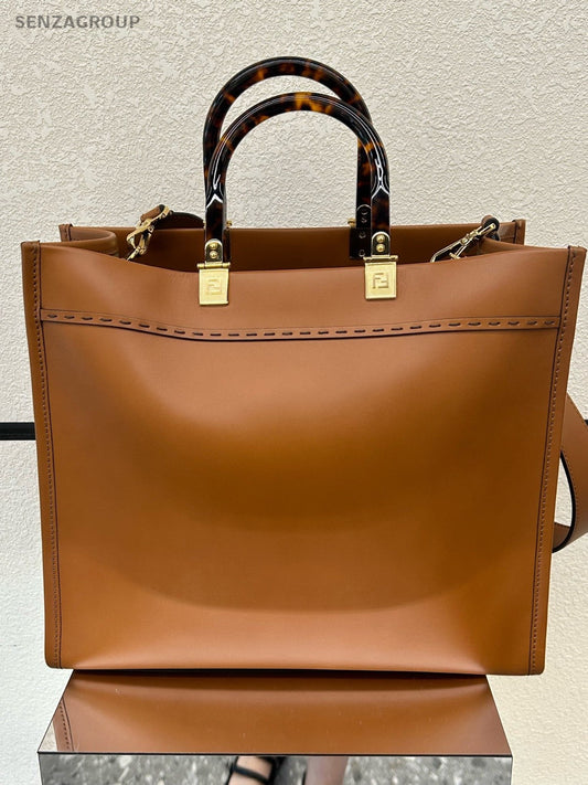 Fendi Sunshine Calfskin Tote Handbag Crossbody Brown Gold Women Classic Designer