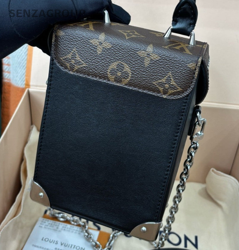 Louis Vuitton Monogram Camera Box Chain Shoulder Bag Black Brown Silver Women