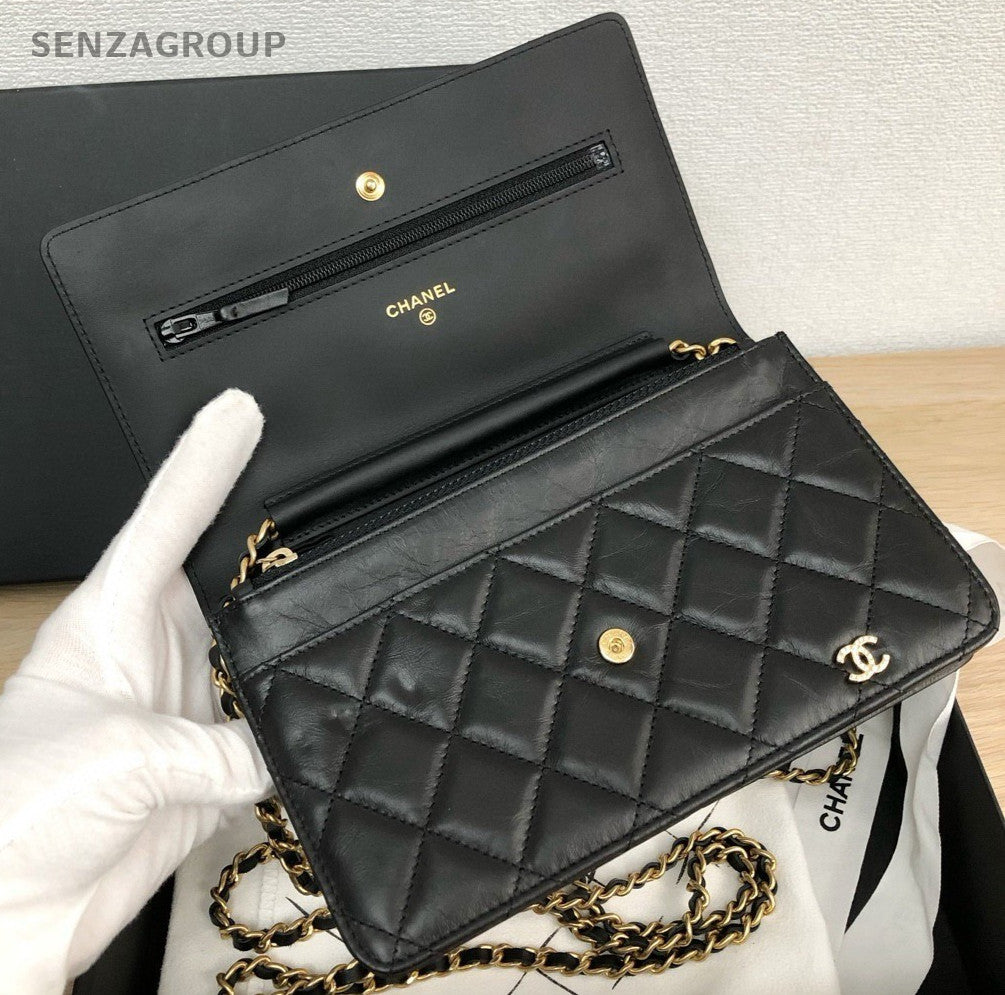 Chanel 2.55 Chain Shoulder Bag Crossbody Black Gold Women Classic Diamond