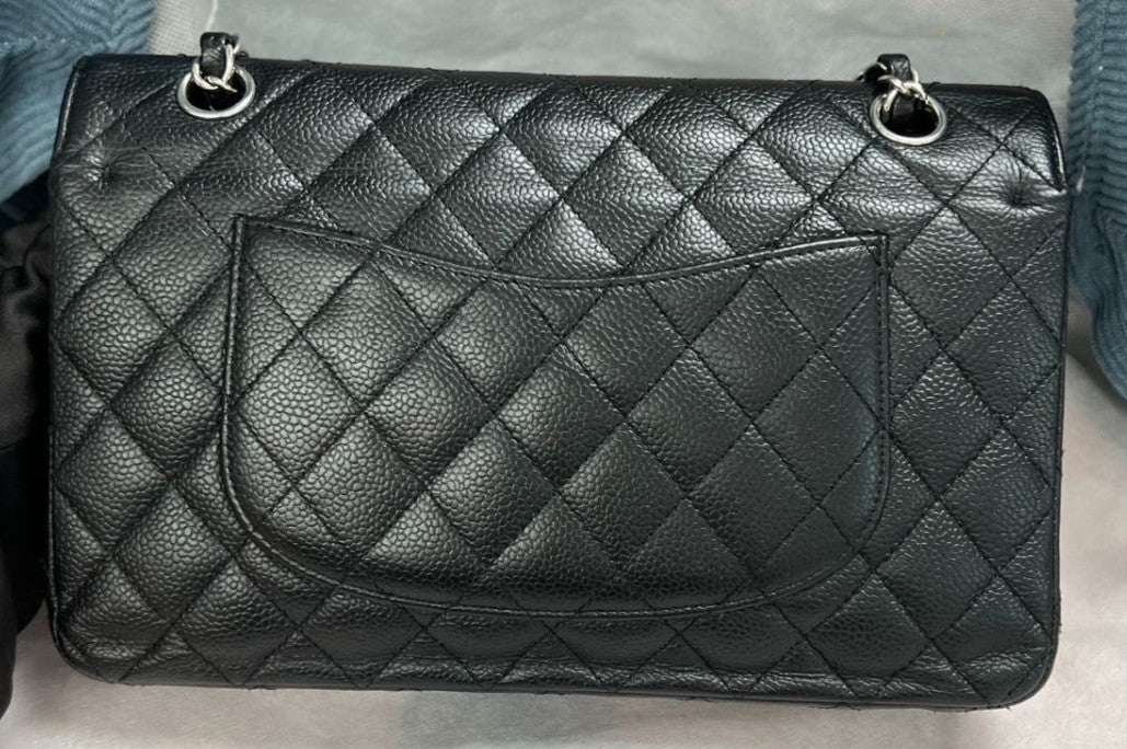 Chanel Classic Flap MM Chain Shoulder Bag Crossbody Black Silver Diamond Women
