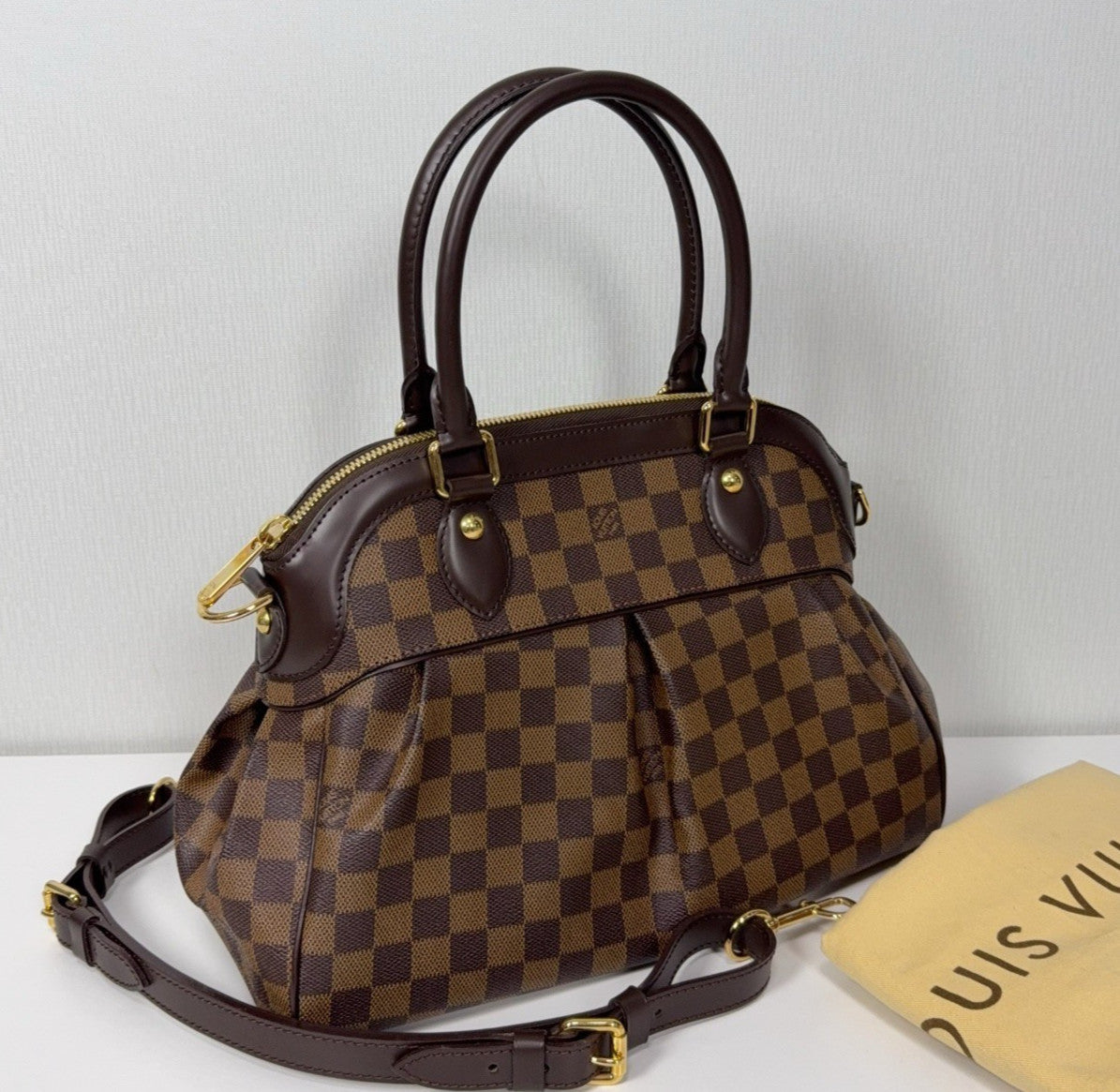 Louis Vuitton Trevi Damier Ebene Top Handle Shoulder Bag Brown Gold Women