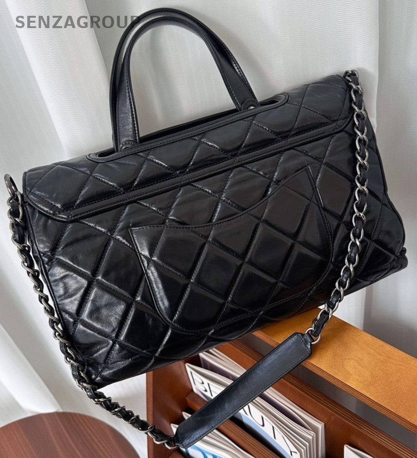 CHANEL Briefcase Top Handle Oil waxed leather Chain Shoulder Handbag Women Black