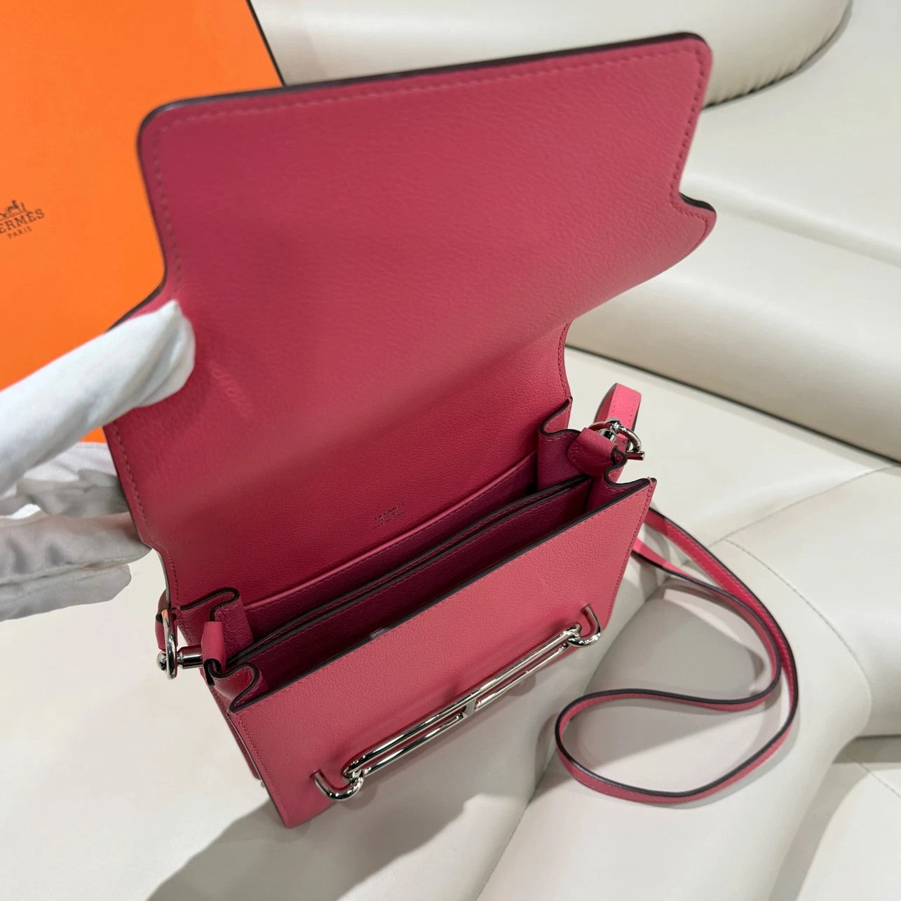 Hermes Roulis19 Shoulder Bag Crossbody Pink Silver Women Classic Fashion