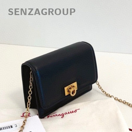 Ferragamo Mini Horseshoe Chain Card Case Shoulder Crossbody Bag Women Black Gold