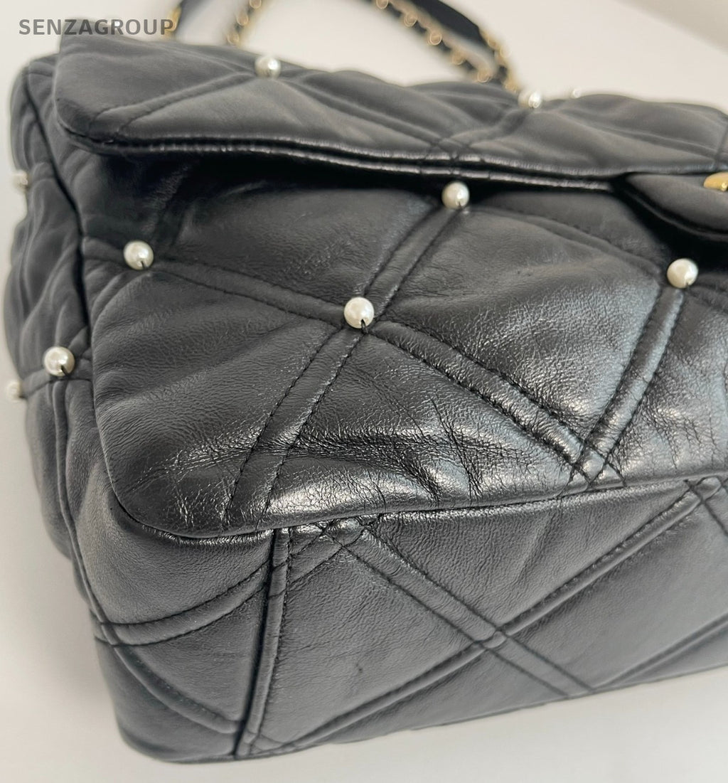 Chanel Diamond Pearl Chain Shoulder Bag Crossbody Black Gold Women Designer