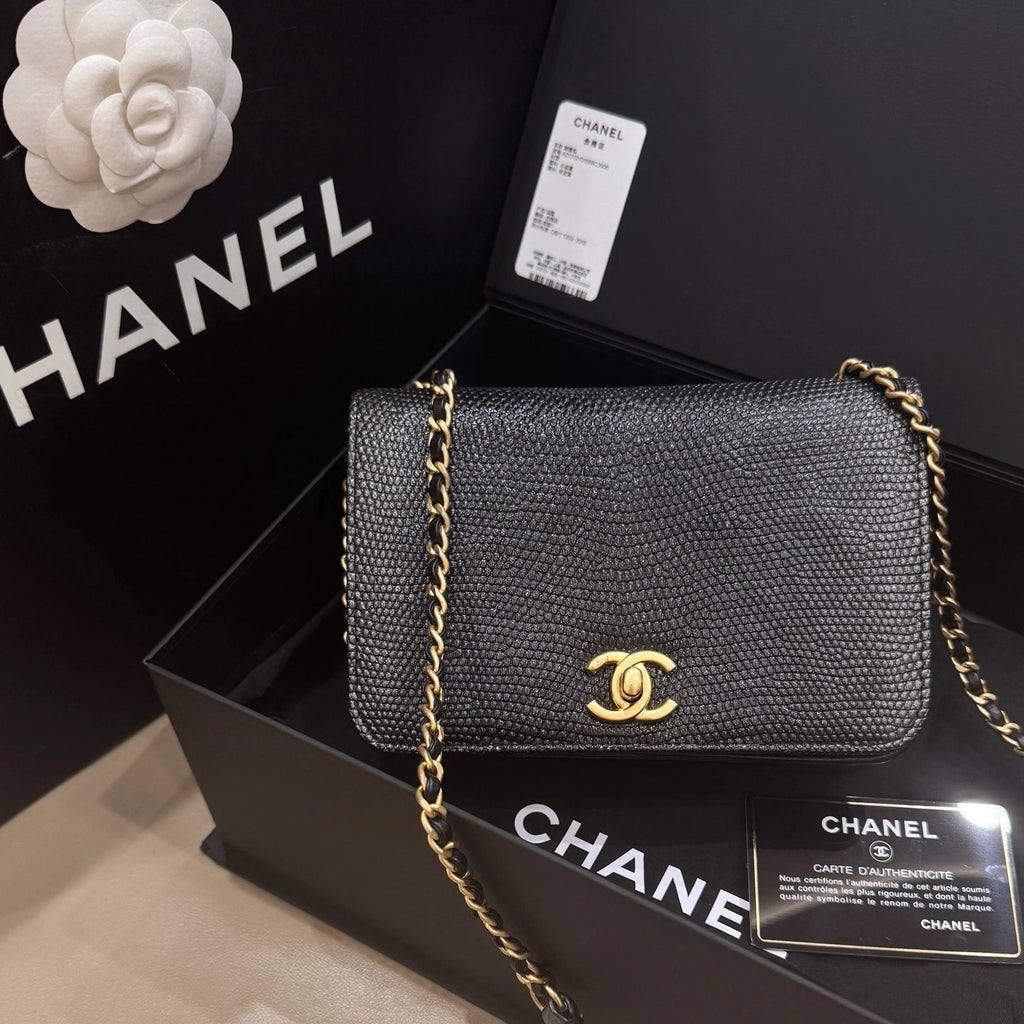 CHANEL Women's Black Gold Lizard Calfskin Accordion Bag
