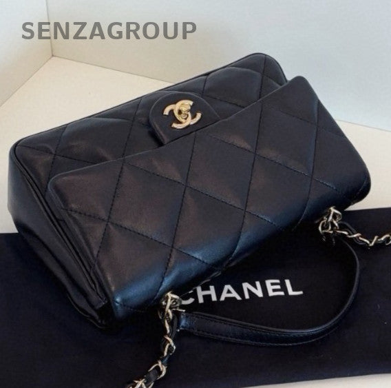 Chanel Classic Flap Chain Crossbody Top Handle Bag Black Gold Women Classic