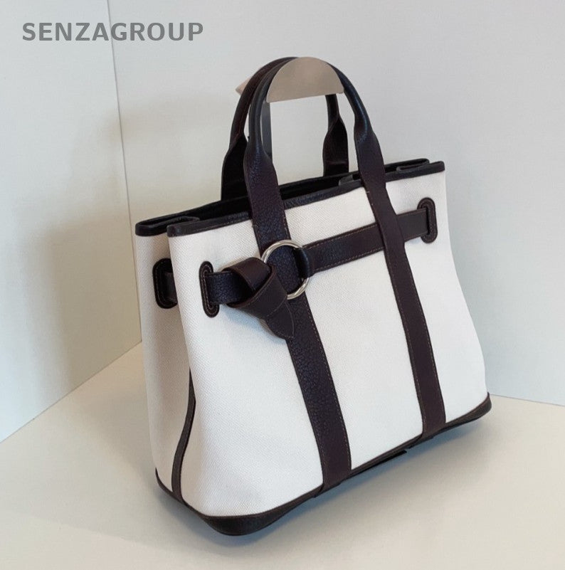 Hermes Petite GP30 Tote Top Handle Canvas Handbag White ebony black Women