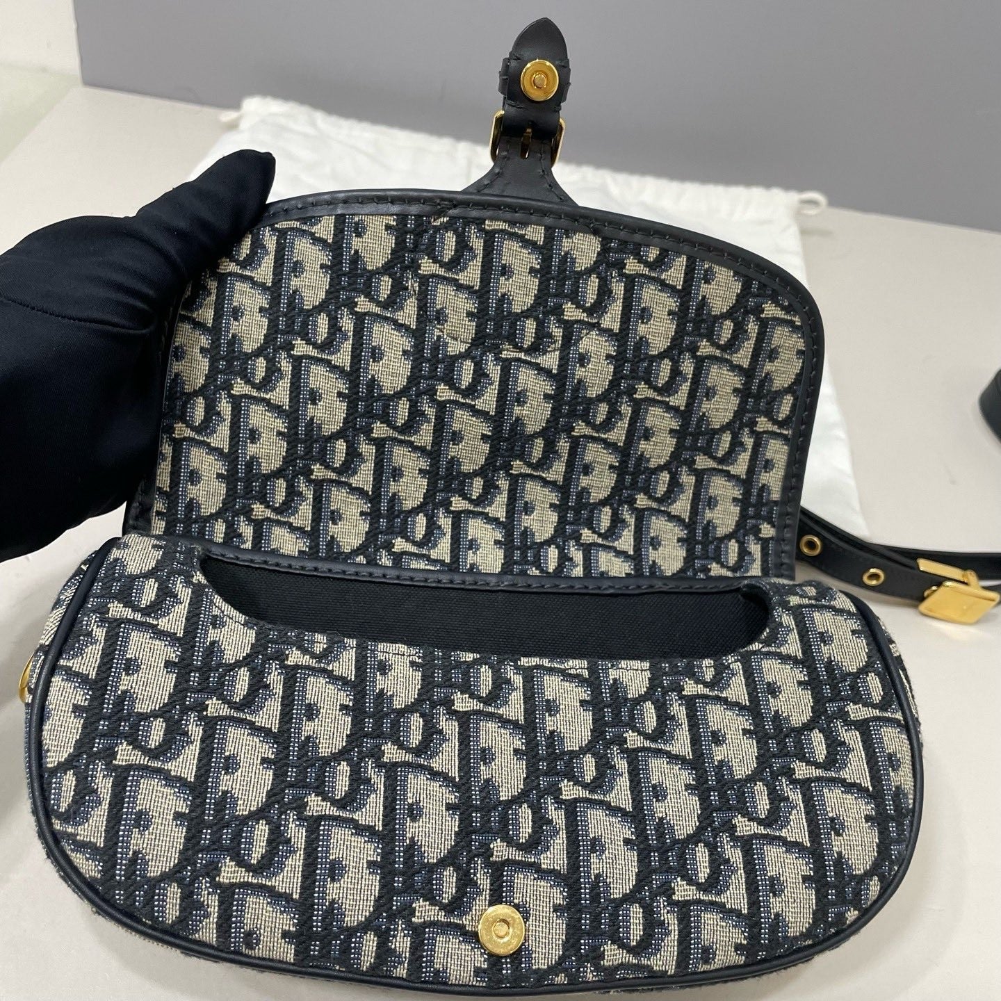 Christian Dior Oblique Bobby Shoulder Bag Black Gold Women Classic Fashion