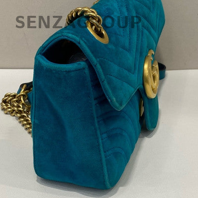 Gucci Marmont 26 Velvet Chain Shoulder Bag Blue Gold Hardware