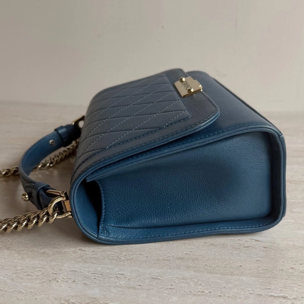Chanel Diamond Calfskin Leather 2Way Handbag Crossbody Navy Gold Hardware
