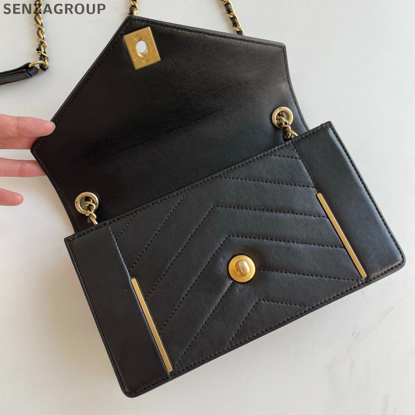 Chanel Calfskin Chain Shoulder Bag Crossbody Black Gold Chevron Women Classic