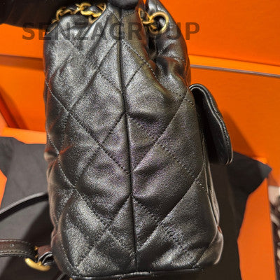 Chanel 25S Black Gold Chain Drawstring Backpack Quilted Women Fashion