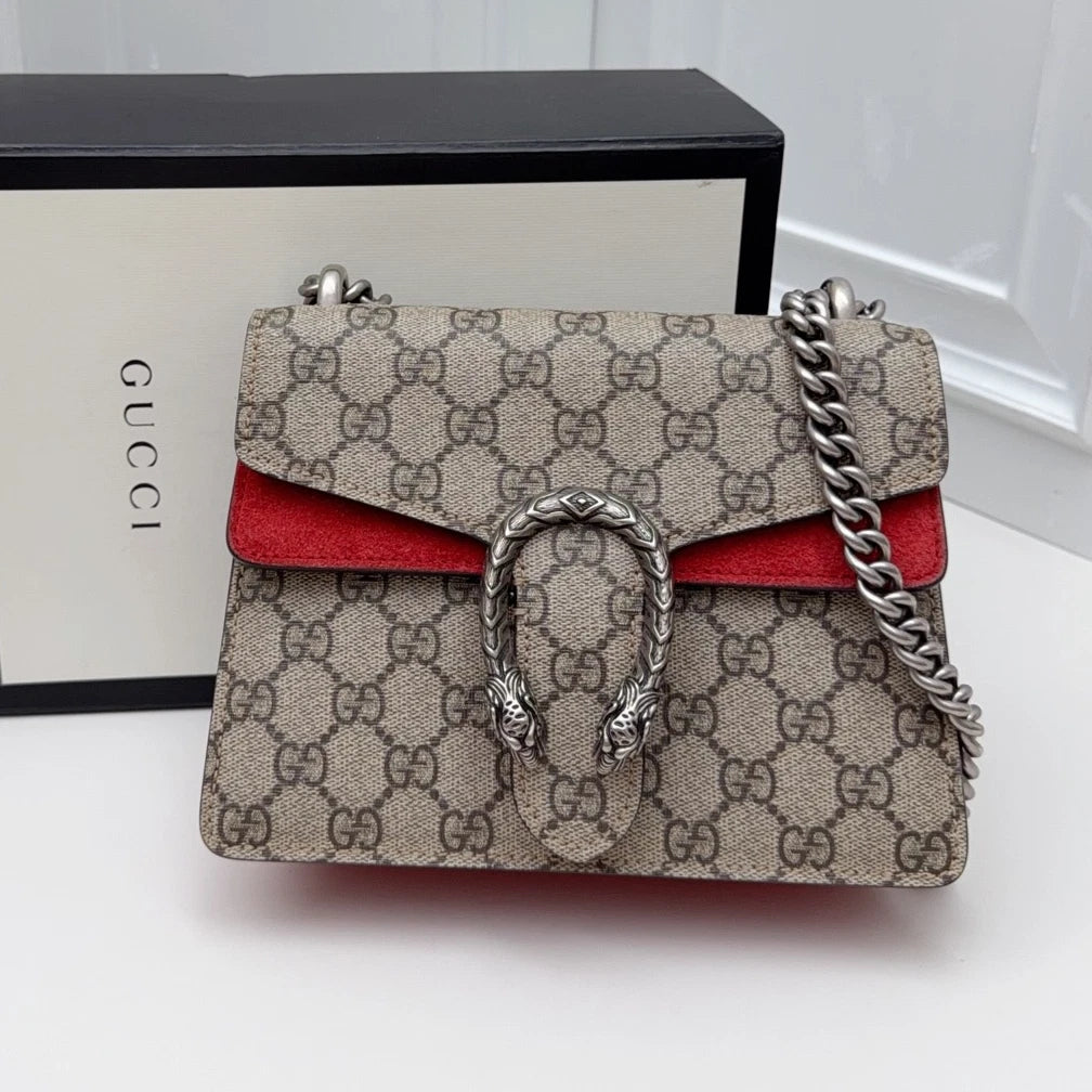 Gucci Dionysus PM Chain Shoulder Bag Crossbody Brown Silver Women Classic