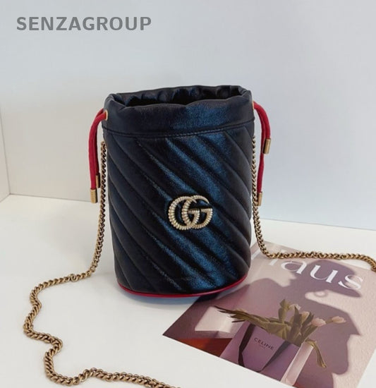 GUCCI Marmont mini Bucket Drawstring Chain Shoulder bag Crossbody Women Black