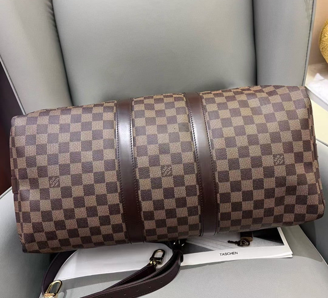 Louis Vuitton Keepall45 Damier Ebene Top Handle Shoulder Bag Brown Gold Unisex