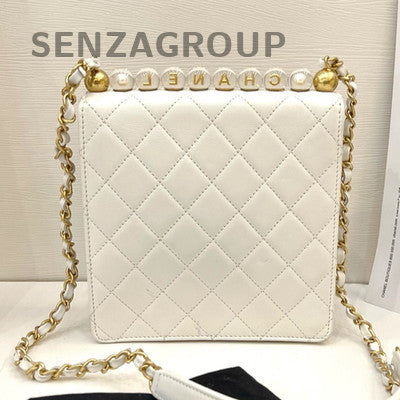 Chanel Classic Flap Vertical Pearl Chain Shoulder Bag White Gold