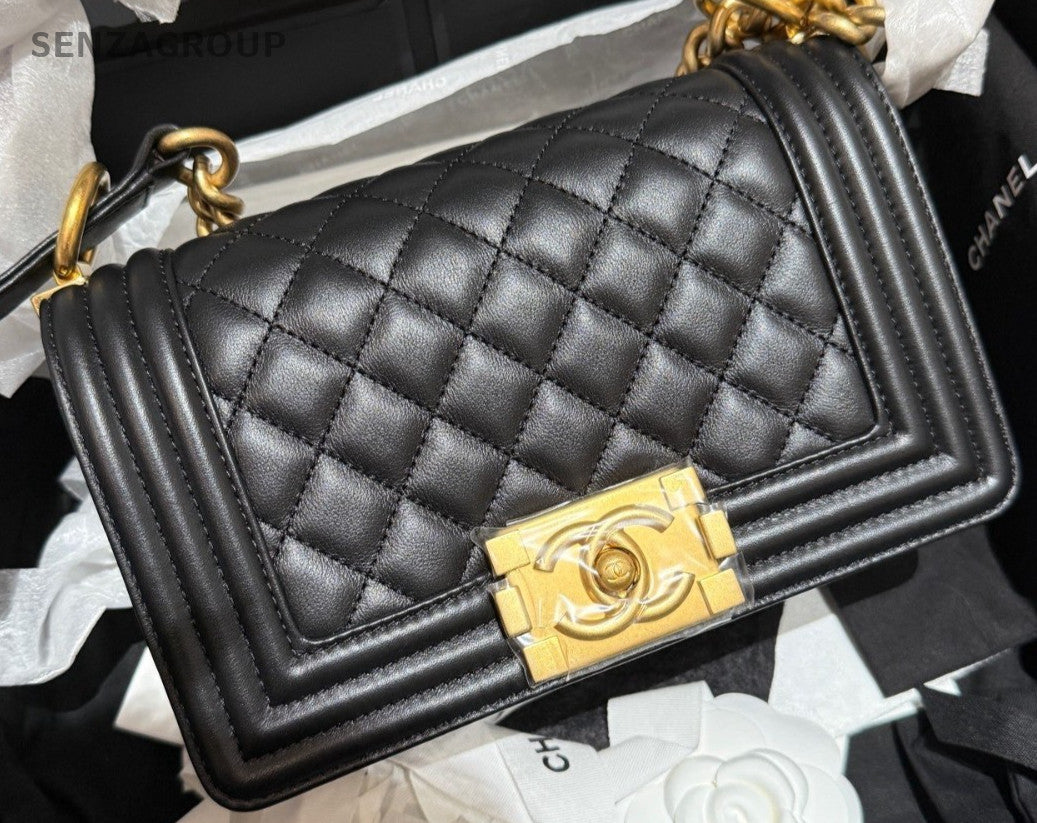 Chanel Calfskin Chain Shoulder Bag Crossbody Black Gold Women Classic Designer
