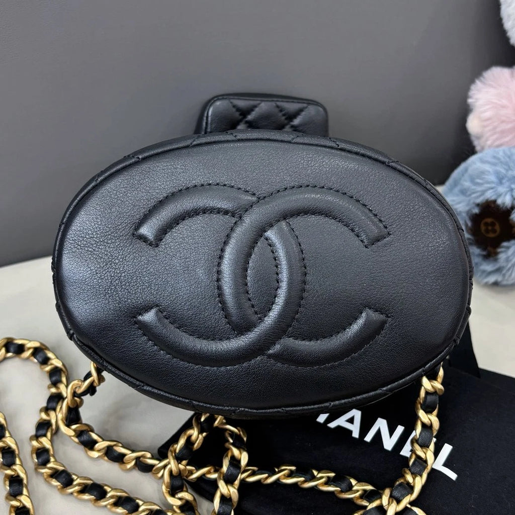 Chanel Diamond Calfskin Chain Backpack Black Gold Women Classic