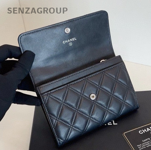 Chanel Diamond Wallet Black Silver Used Women Classic