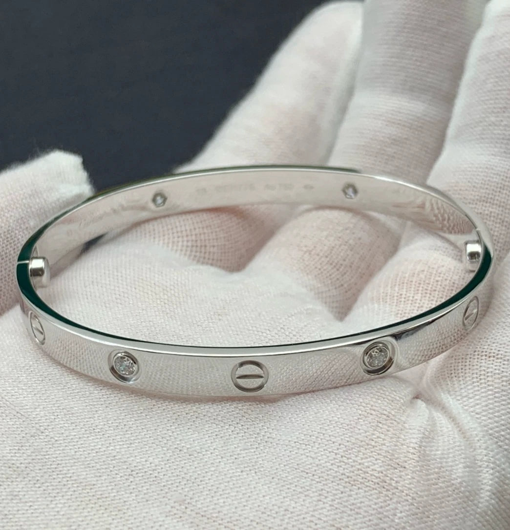 Cartier Love Classic Bangle Bracelet 4 Diamonds 18K White Gold Screw Size18