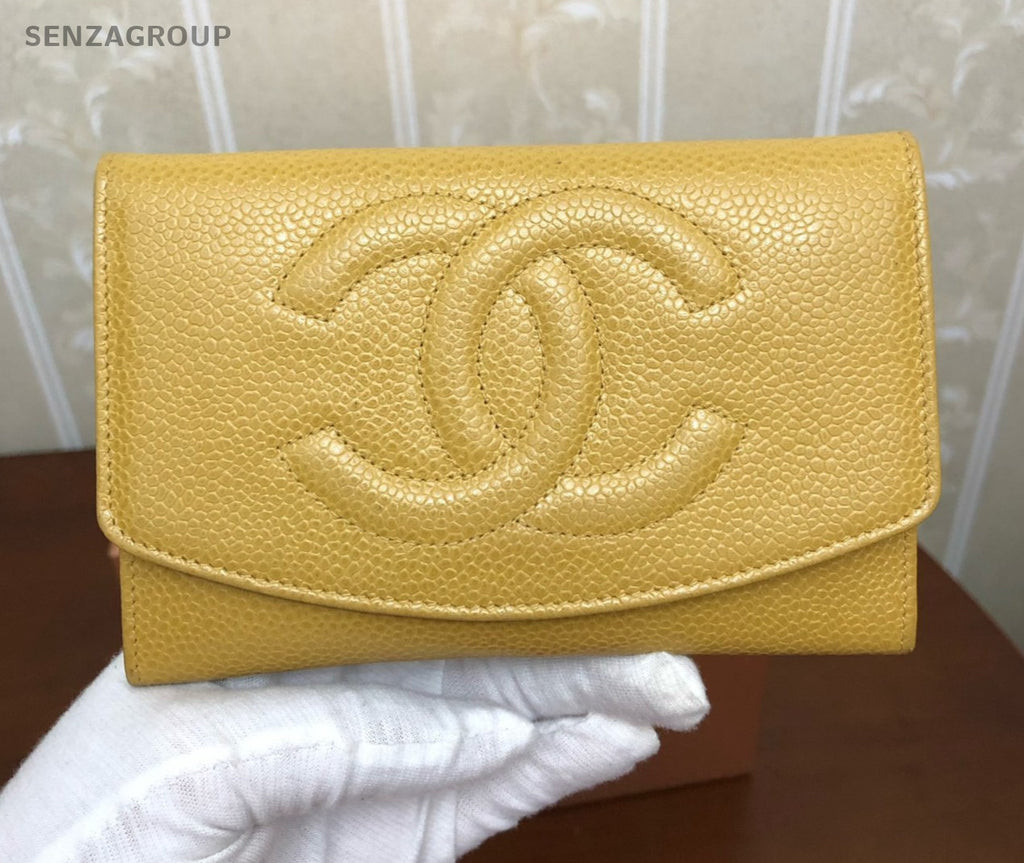 CHANEL CC Logo Wallet Caviar Women Yellow