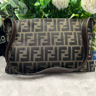 Fendi Baguette Shoulder Bag Vintage Brown Monogram Gold Buckle Classic