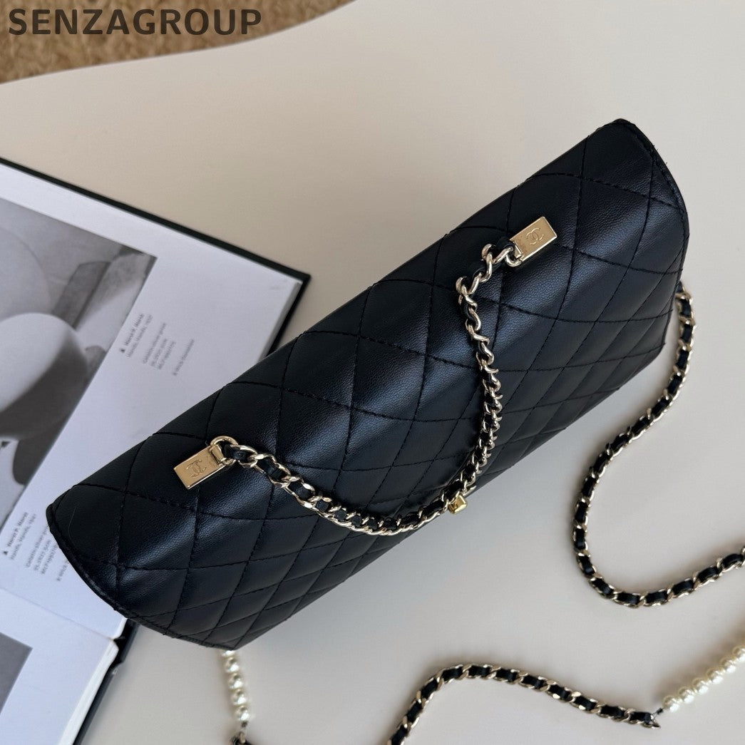 Chanel WOC Diamond Pearl Chain Shoulder Crossbody Black Gold Women Classic