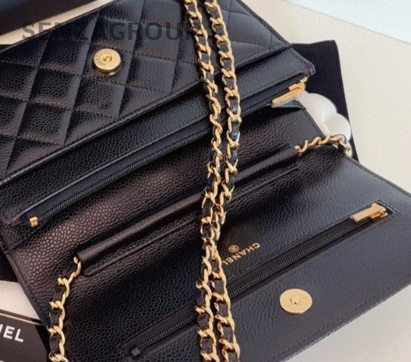 Chanel WOC Chain Shoulder Bag Crossbody Black Gold Women Classic Diamond