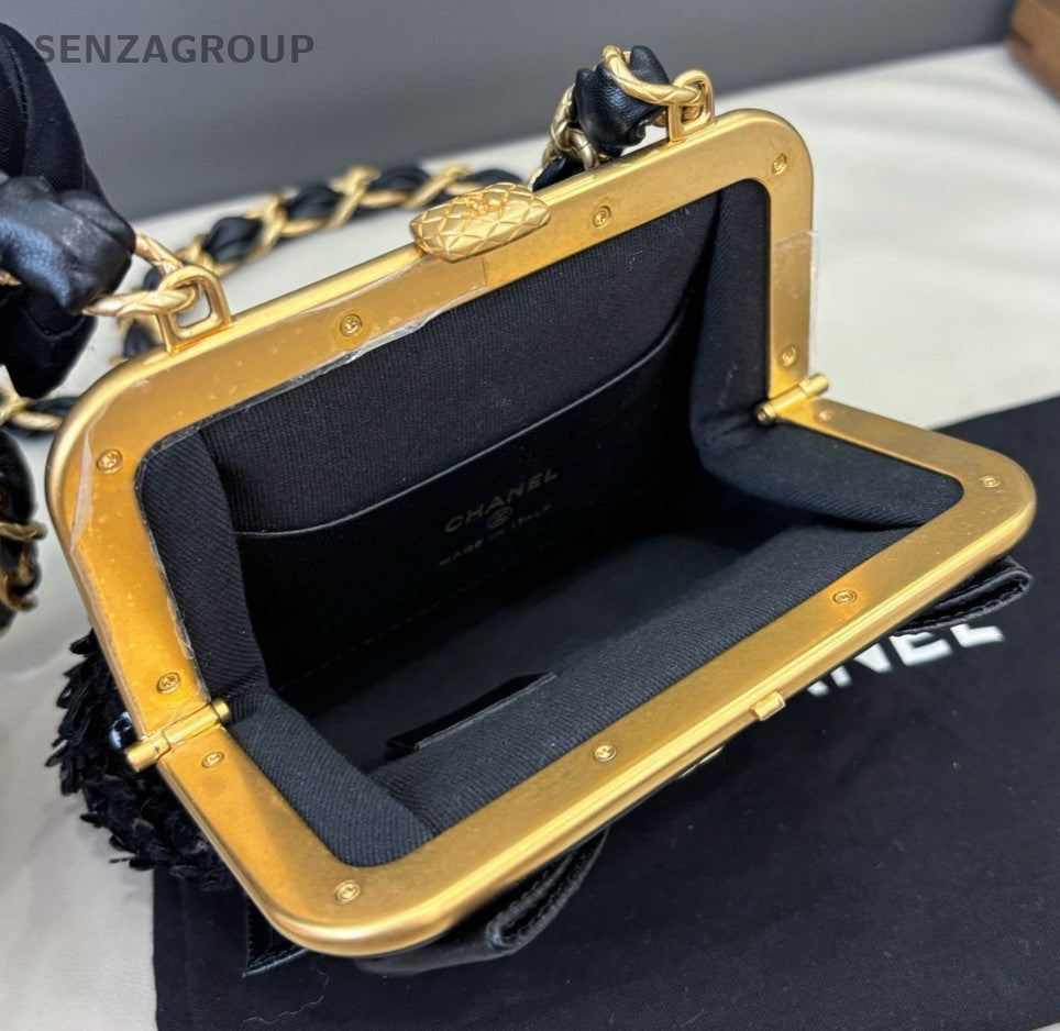 Chanel Ribbon Chain Clutch Shoulder Bag Black Gold Used Women Classic Designer