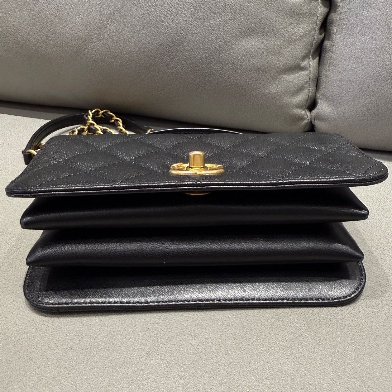 Chanel 23B Black Gold Quilted Classic Flap Bag Chain Shoulder Tote
