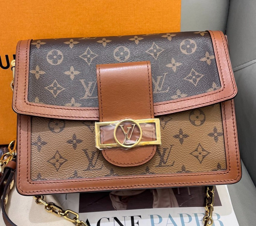 Louis Vuitton Dauphine MM Monogram Chain Shoulder Bag Crossbody Brown Women