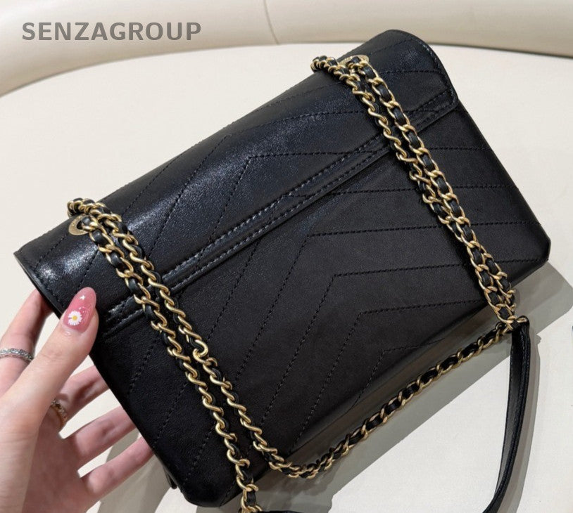 Chanel Classic Chain Shoulder Bag Crossbody Black Gold Used Women Designer
