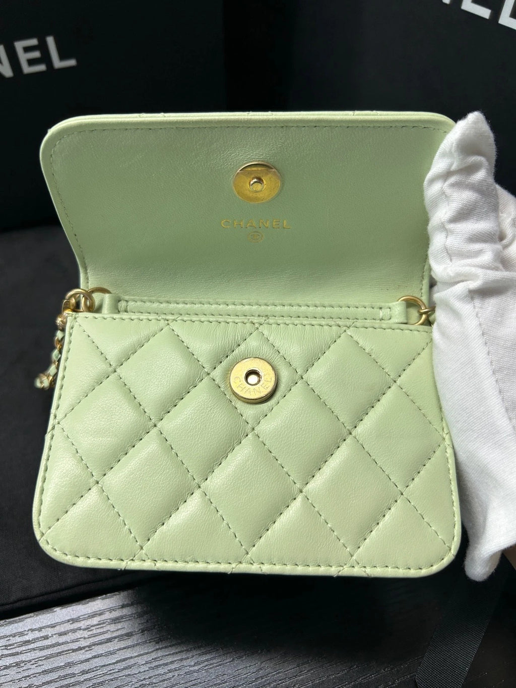 CHANEL Green Gold Ball Mini Square Chain Crossbody Bag For Women