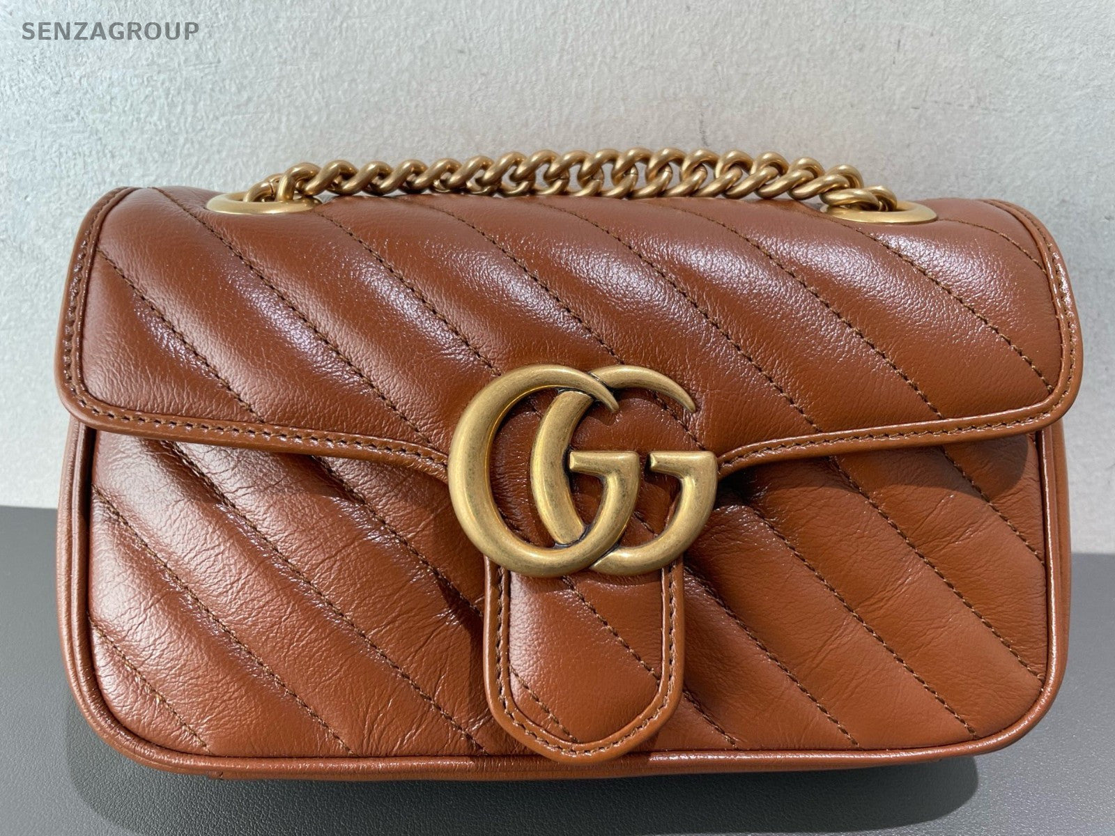 Gucci Marmont PM Chain Shoulder Bag Crossbody Brown Gold Women Classic
