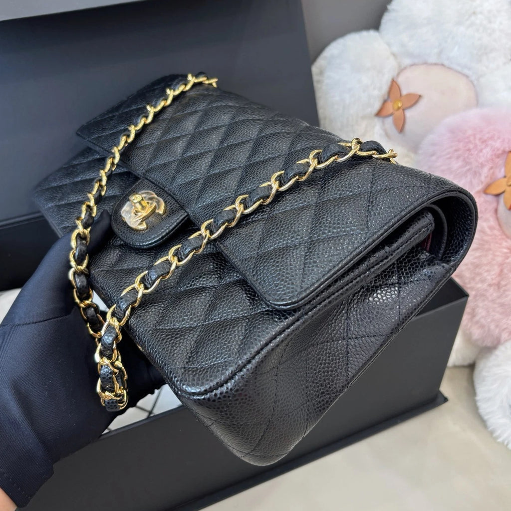 Chanel Classic Flap MM Calfskin Chain Shoulder Crossbody Black Gold Women