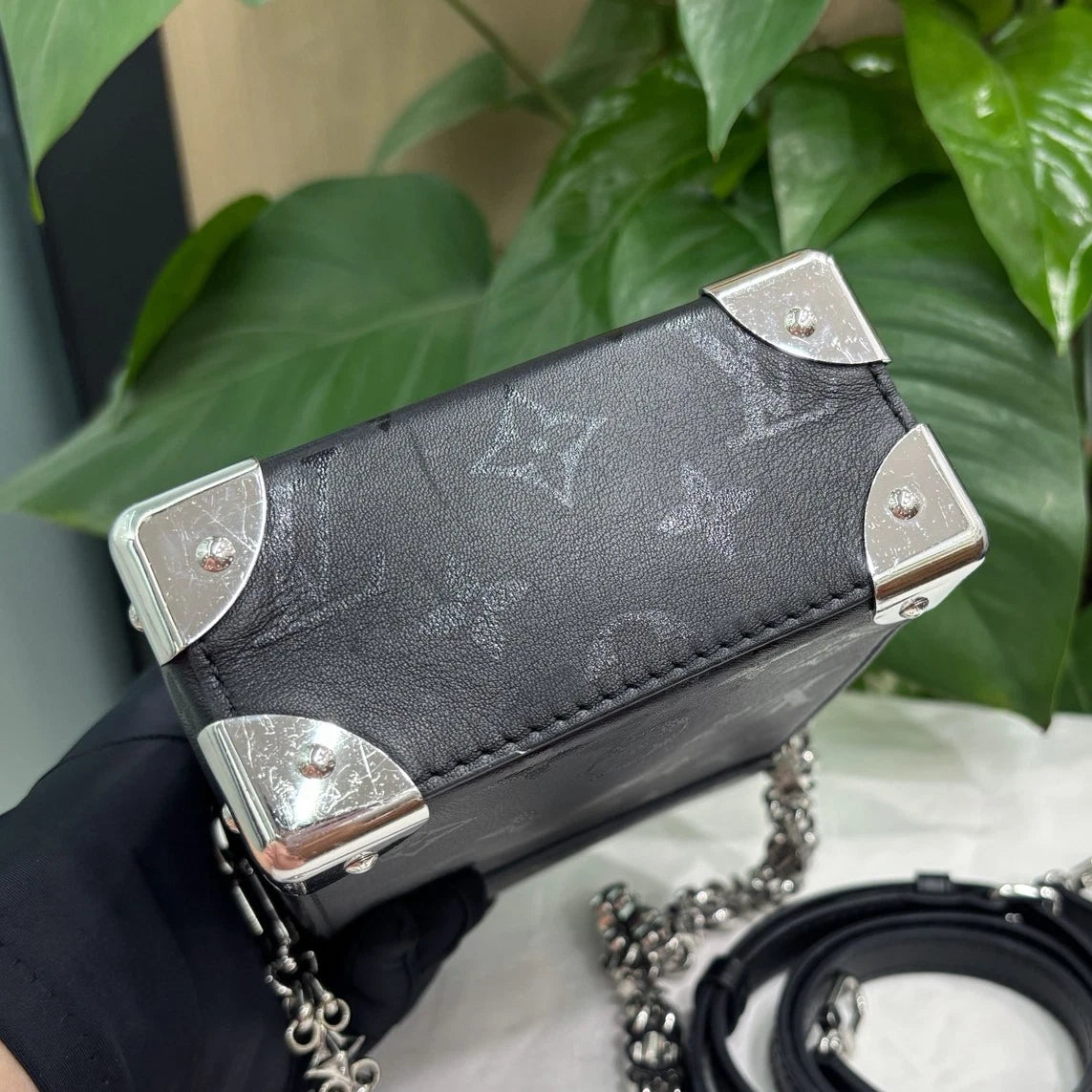 Louis Vuitton Camera Box Chain Shoulder Bag Crossbody Black Silver Women