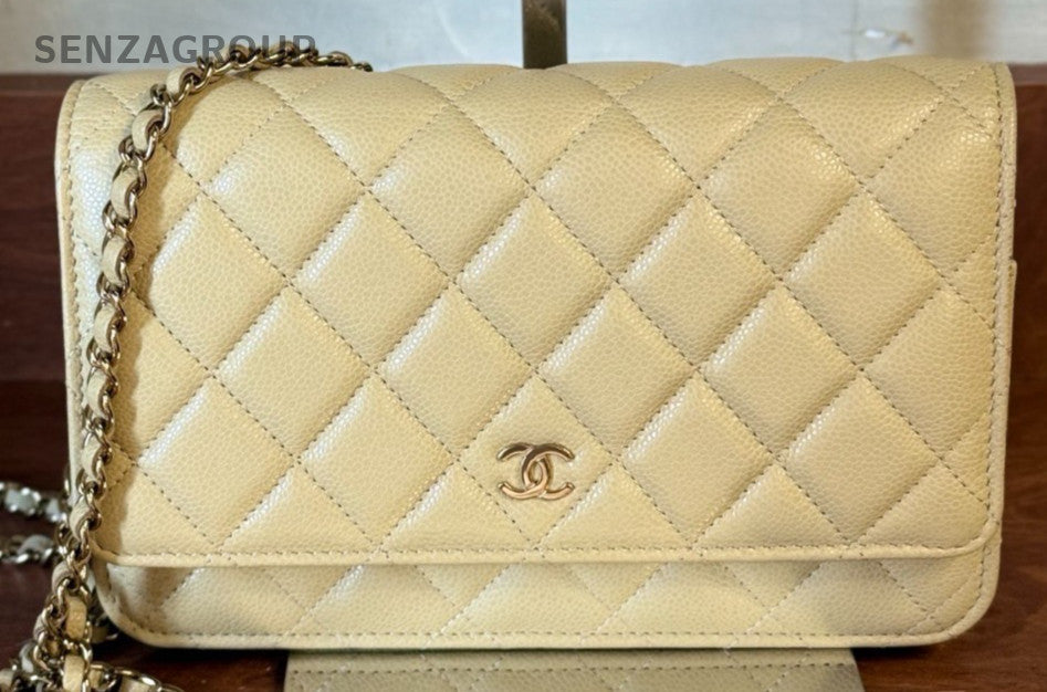 Chanel WOC Calfskin Diamond Chain Shoulder Bag Yellow Gold Used Women Classic