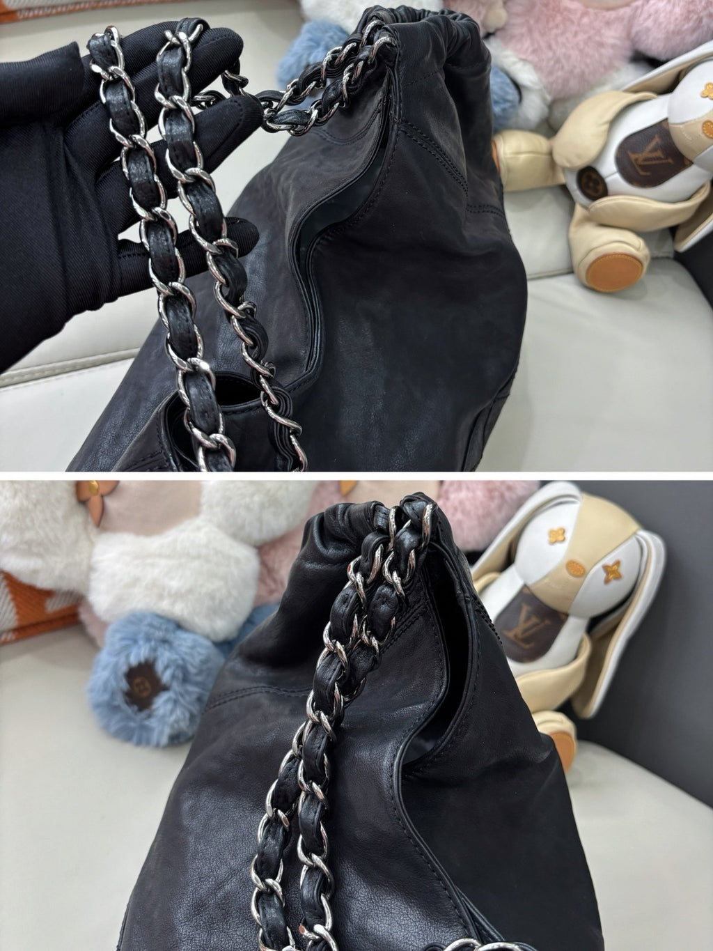 CHANEL Classic Logo Calfskin tote Shoulder bag Black Silver Women